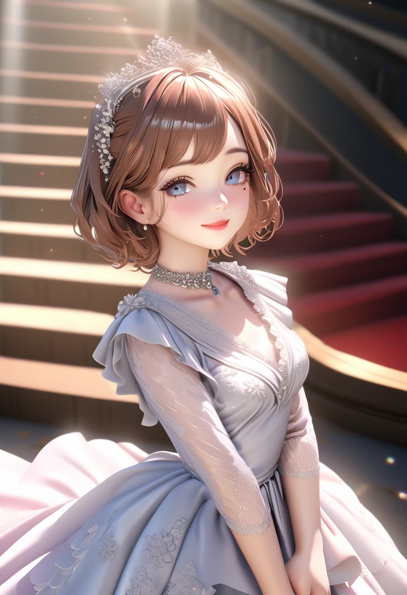 One girl, looking at the audience,
beautiful blue eyes, brown short hair, mole under eye, plump glossy lips, heart shaped choker, idol, smiling, . . . . 3D, realistic,
princess dress with too many frills, draped clothes, jewels, embellishments stripped away, floral patterns, lace trim, bright stage,
masterpiece, best quality, 8k, detailed skin texture, detailed fabric texture, beautifully detailed face, intricate details, highly detailed,
ultra high resolution, 8K Ultra HD, film grain, best shadows, delicate, looking at the audience, front