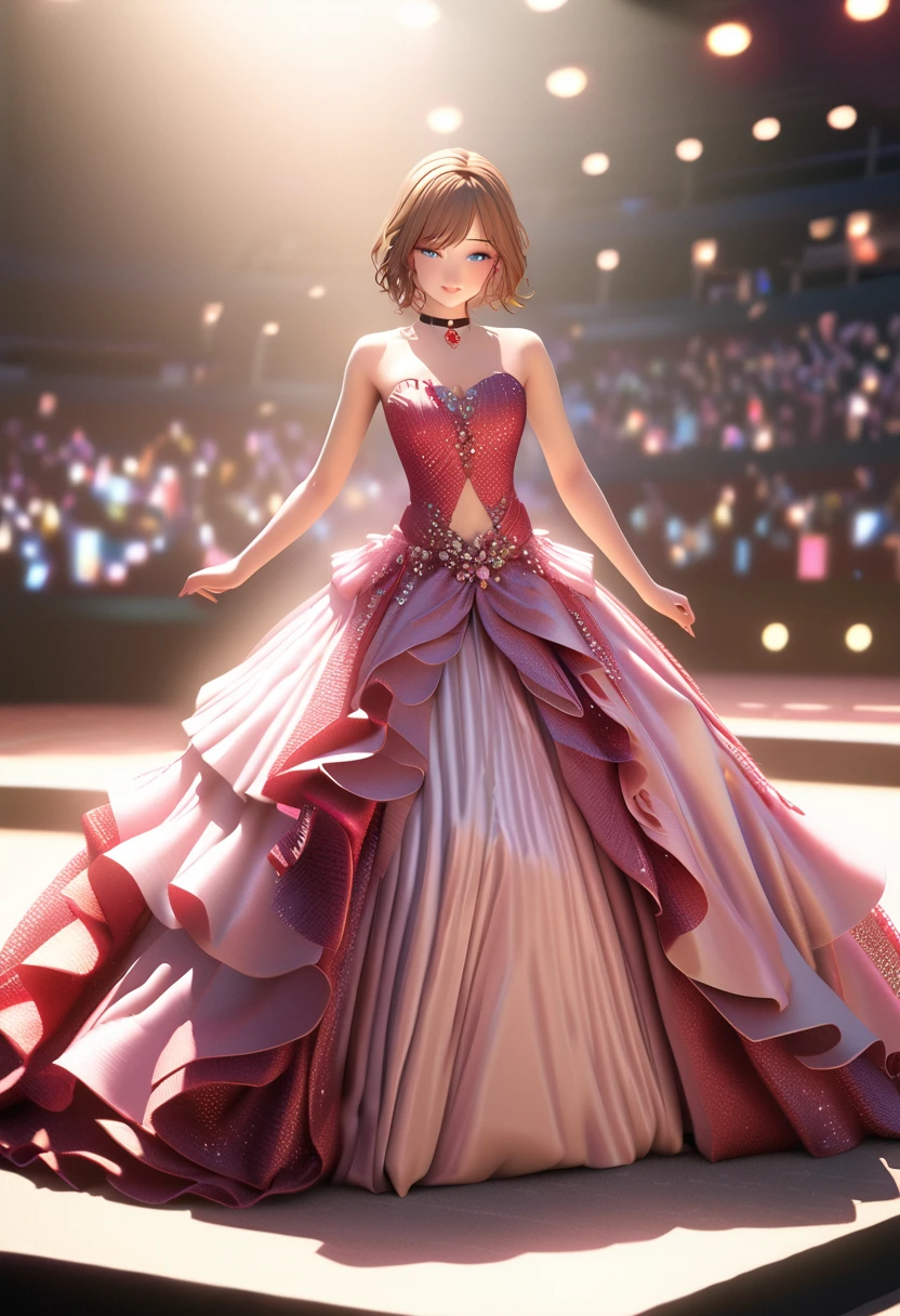 One girl, looking at the audience,
beautiful blue eyes, brown short hair, mole under eye, plump glossy lips, heart shaped choker, idol, smiling, . . . . 3D, realistic,
princess dress with too many frills, draped clothes, jewels, embellishments stripped away, floral patterns, lace trim, bright stage,
masterpiece, best quality, 8k, detailed skin texture, detailed fabric texture, beautifully detailed face, intricate details, highly detailed,
ultra high resolution, 8K Ultra HD, film grain, best shadows, delicate, looking at the audience, front