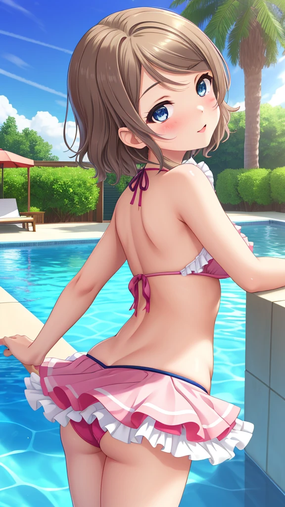 (Masterpiece), 8k wallpaper, solo, Watanabe you, game cg, beautiful detailed face and eyes, perfect anatomy, blush, glossy lips, standing, pool, frilly bikini with microskirt, looking back at viewer