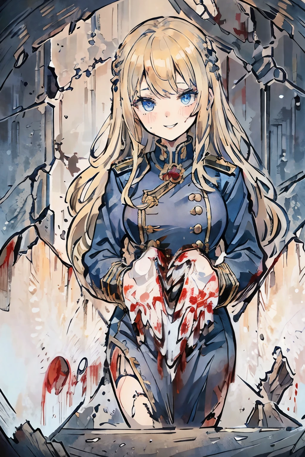 1girl, Full body, Description Girls, detail hands, Detail fingers, Detail Face, cute face, detail legs, overdetailed art, Fine details, blonde hair, wavy hair, long hair, blue eyes, smile, ((ruin)), blue military uniform, ((bloody body)), (horor)