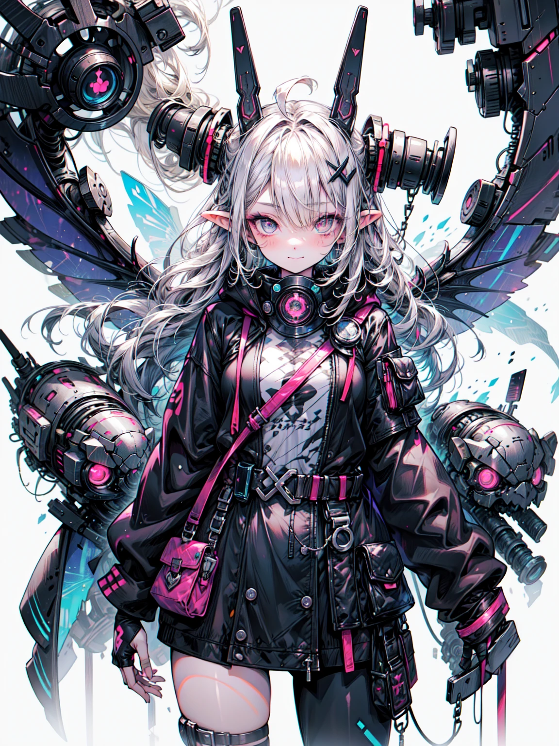 Futuristic cyberpunk girl with mechanical wings and devilish horns, dressed in a black outfit and a blue jacket. She has dark hair with neon streaks, and is posed against a bright.
The background is a simple vibrant, neon-lit cityscape with blue and pink hues,
emphasizing the high-tech, sci-fi atmosphere. Blake、（Dark Elf), (1 girl), alone, Perfect Face, Get used to it, Ahoge, ((Long Hair:1.2)), (Hair above one eye:1.3), [[Messy Hair]], Shiny blonde white hair, Purple eyes, Variegated eyes, Colorful Hair, Shining Eyes, (eyelash, eye shadow, pink eye shadow), bright, smile, Design Art：Haruhiko Mikimoto, by Kawashi, by Yoshitaka Amano