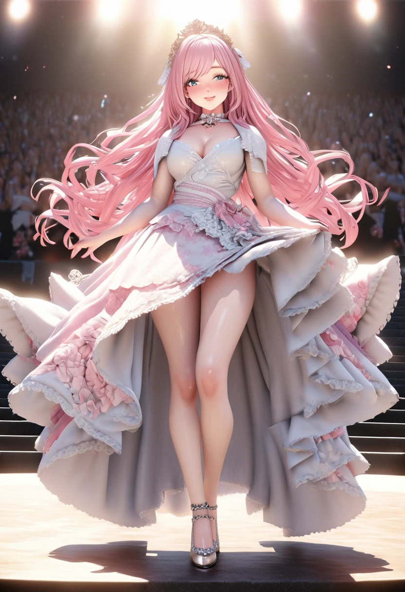 One girl looking at the audience, beautiful blue eyes, pink medium long hair, mole under eye, plump glossy lips, heart shaped choker, idol, smiling, ... 3D, realistic, princess dress with too many frills, mini skirt, draped clothes, jewels, stripped of embellishments, floral print, lace trim, bright stage, masterpiece, best quality, 8k, detailed skin texture, detailed fabric texture, beautifully detailed face, intricate details, highly detailed, ultra high resolution, 8K Ultra HD, film grain, best shadows, delicate, looking at the audience, frontal