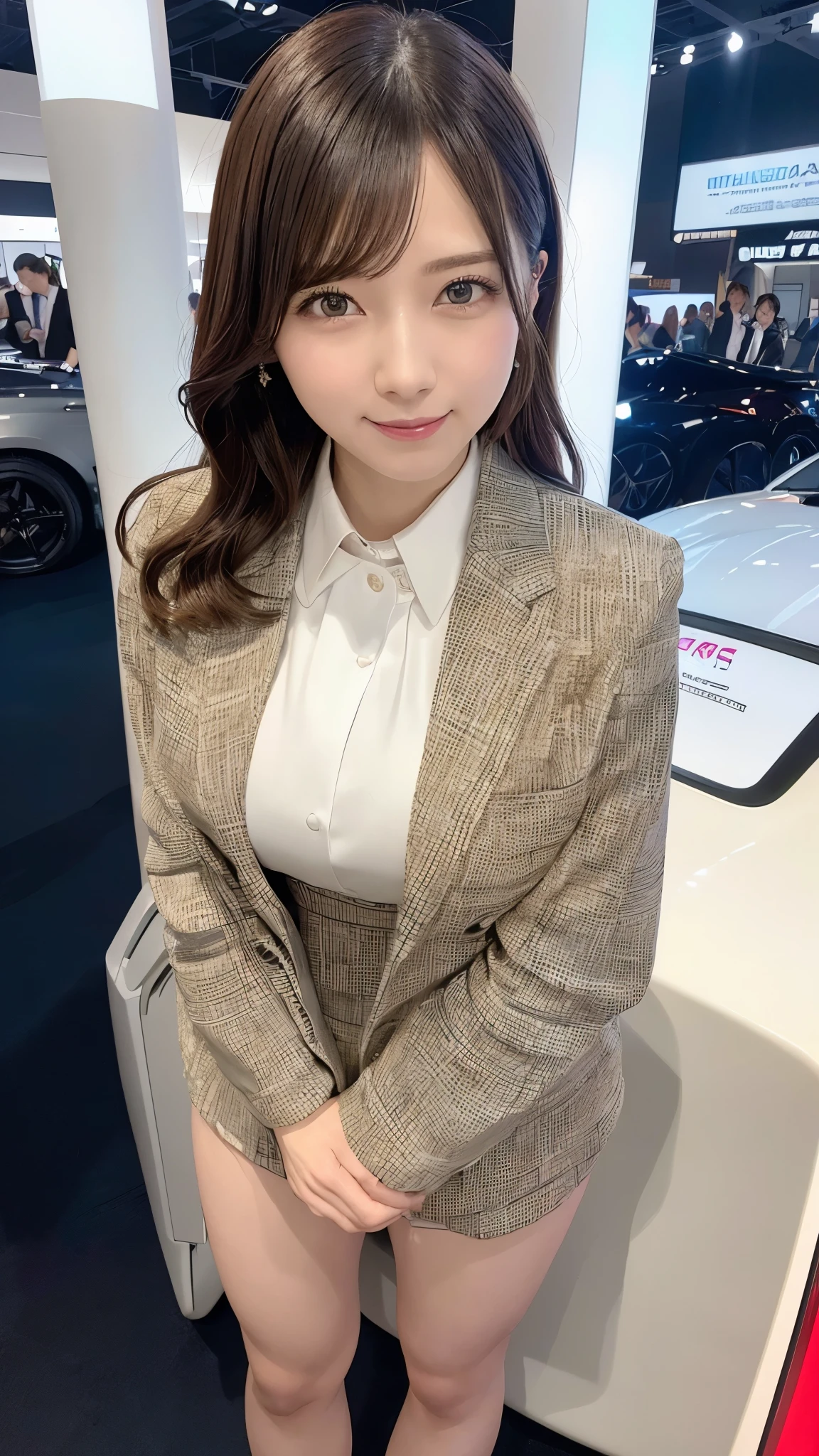 A female companion standing next to a monitor at ashow exhibition. She is wearing professional attire (such as an elegant dress or a uniform with a brand logo) and is smiling brightly while explaining the car's features to visitors. The surroundings show other cars and booths, capturing the lively atmosphere of the event.