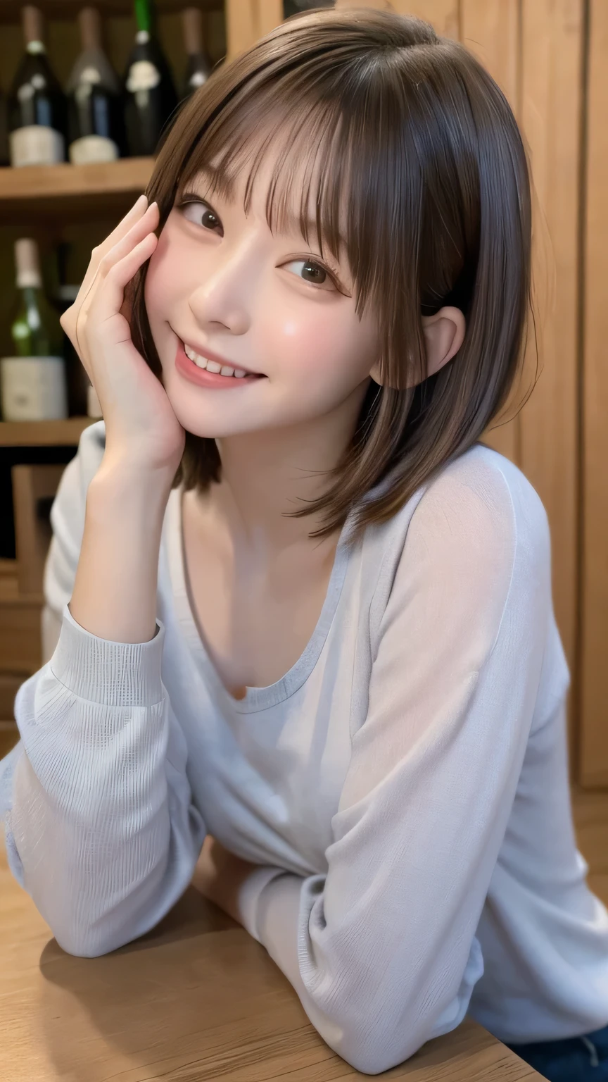 closeup shot , Best picture quality (8K, high resolution, Masterpiece: 1.2), super detailed, 215 Short Hair, -yeld wo,
situation: Wine tasting scene at a winery。
clothing: Casual and elegant clothing(Shirt and pants、loafers)。Keep your hair natural。
angle: Winery landscape in the background、Front view of wine tasting。The scene where wine is poured、Close-up of the face enjoying the scent。Captures details of wine bottles and wine glasses。
Close-up of face
, random cute pose ,big eyes ,Puffy eyes , Heart Pupil, blush , huge shy smile , salute