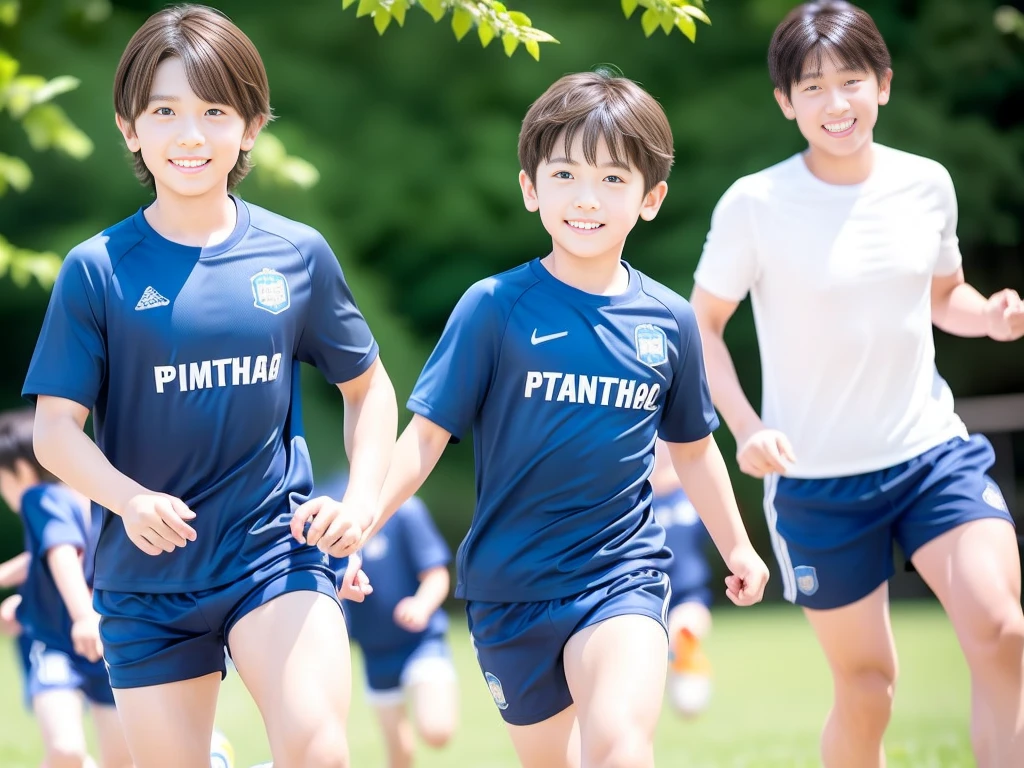 夏休みのprimary school校、primary school５Grade、Japan Boy、hot day、A boy on the move、Short sleeve gym uniform、Blue shorts、physical education、barefoot，（Boy 1.4）、Boys only 、(１０Age 1.４)