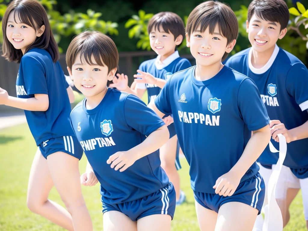 夏休みのprimary school校、primary school５Grade、Japan Boy、hot day、A boy on the move、Short sleeve gym uniform、Blue shorts、physical education、barefoot，（Boy 1.4）、Boys only 、(１０Age 1.４)