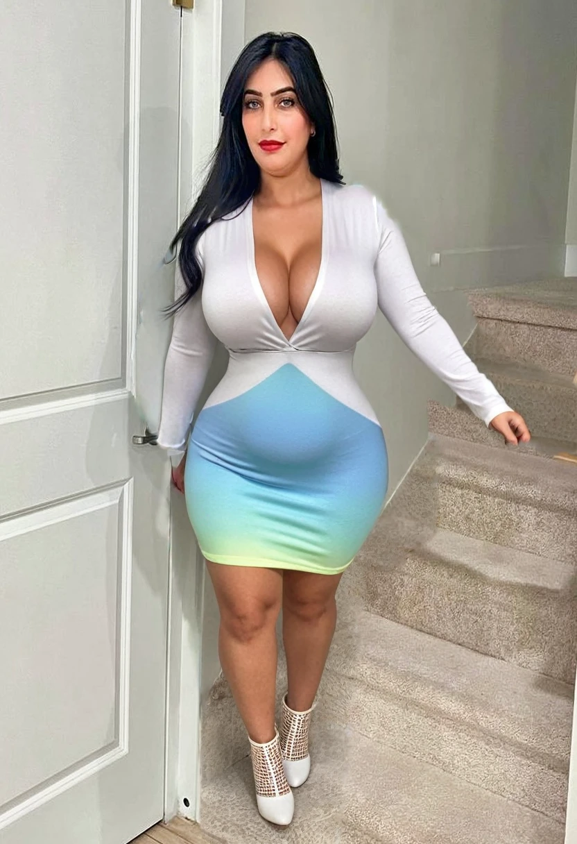 A curvy woman in a low-cut, tight, short summer dress with large breasts, thick hips and thighs, cleavage, beautiful detailed eyes, beautiful detailed lips, extremely detailed face, long eyelashes, sensuous pose, dramatic lighting, photorealistic, 8K, high quality, masterpiece, cinematic, highly detailed, hyper-realistic, glowing skin, vivid colors, dramatic shadows, moody lighting