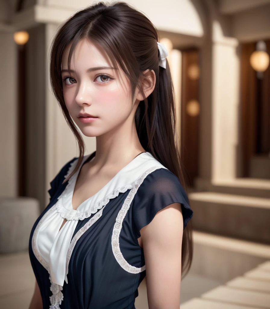 8K, of the highest quality, masutepiece:1.2), (Realistic, Photorealsitic:1.37), of the highest quality, masutepiece, Beautiful young woman, Pensive expression, Thoughtful look, Cute Maid Clothes, Hair tied back, Messy mood, Cinematic background, Tired, Light skin tone