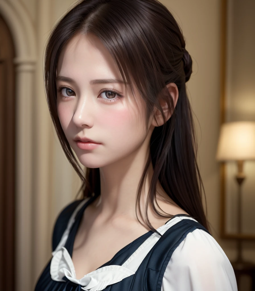 8K, of the highest quality, masutepiece:1.2), (Realistic, Photorealsitic:1.37), of the highest quality, masutepiece, Beautiful young woman, Pensive expression, Thoughtful look, Cute Maid Clothes, Hair tied back, Messy mood, Cinematic background, Tired, Light skin tone