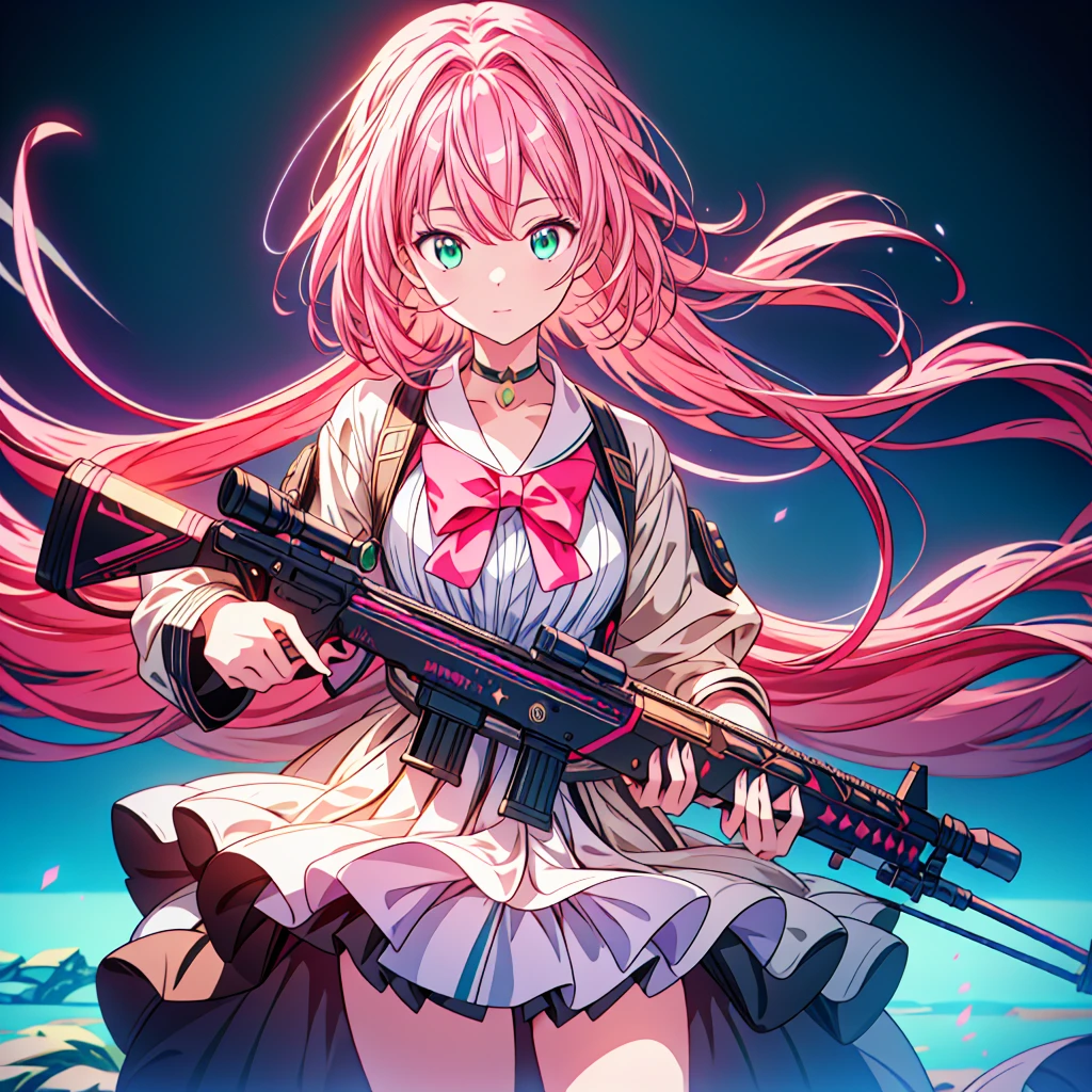 1girl、[17277fbe68],minaba hideo、High quality、Maximum detail、(((highest quality、Masterpiece、Official Art、The best dynamic composition)))、(Fine hair)、(Tabletop, highest quality), Super detailed, Anime Style, whole body, Cyberpunk Girl, Gripping a high-tech rifle, Pink Hair, Glowing green eyes, Wearing a magical girl costume , 8K High Resolution, Trend Art Station, White Background, Standing in the Wilderness, whole body,