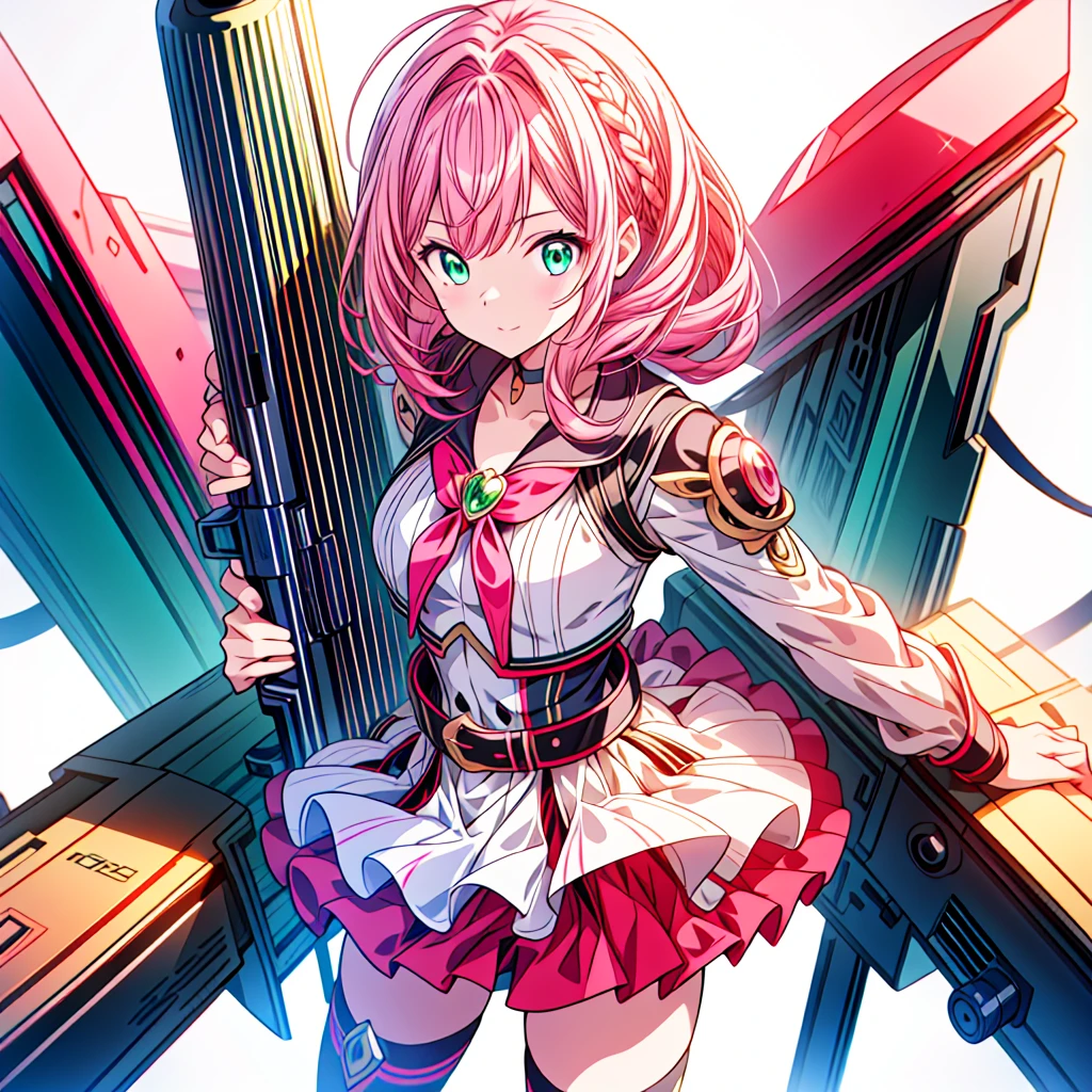 One girl、[17277fbe68],He threatened Hideo.、high quality、Maximum details、(((最high quality、masterpiece、Official Art、Best dynamic composition)))、(Thin Hair)、(Tabletop, 最high quality), Very detailed, Anime Style, whole body, Cyberpunk Girl, Gripping a high-tech rifle, Milky white and pink hair, Sparkling blue eyes, Wearing a magical girl costume , 8K high resolution, Trend Art Station, White Background, Standing in the Wilderness, whole body,