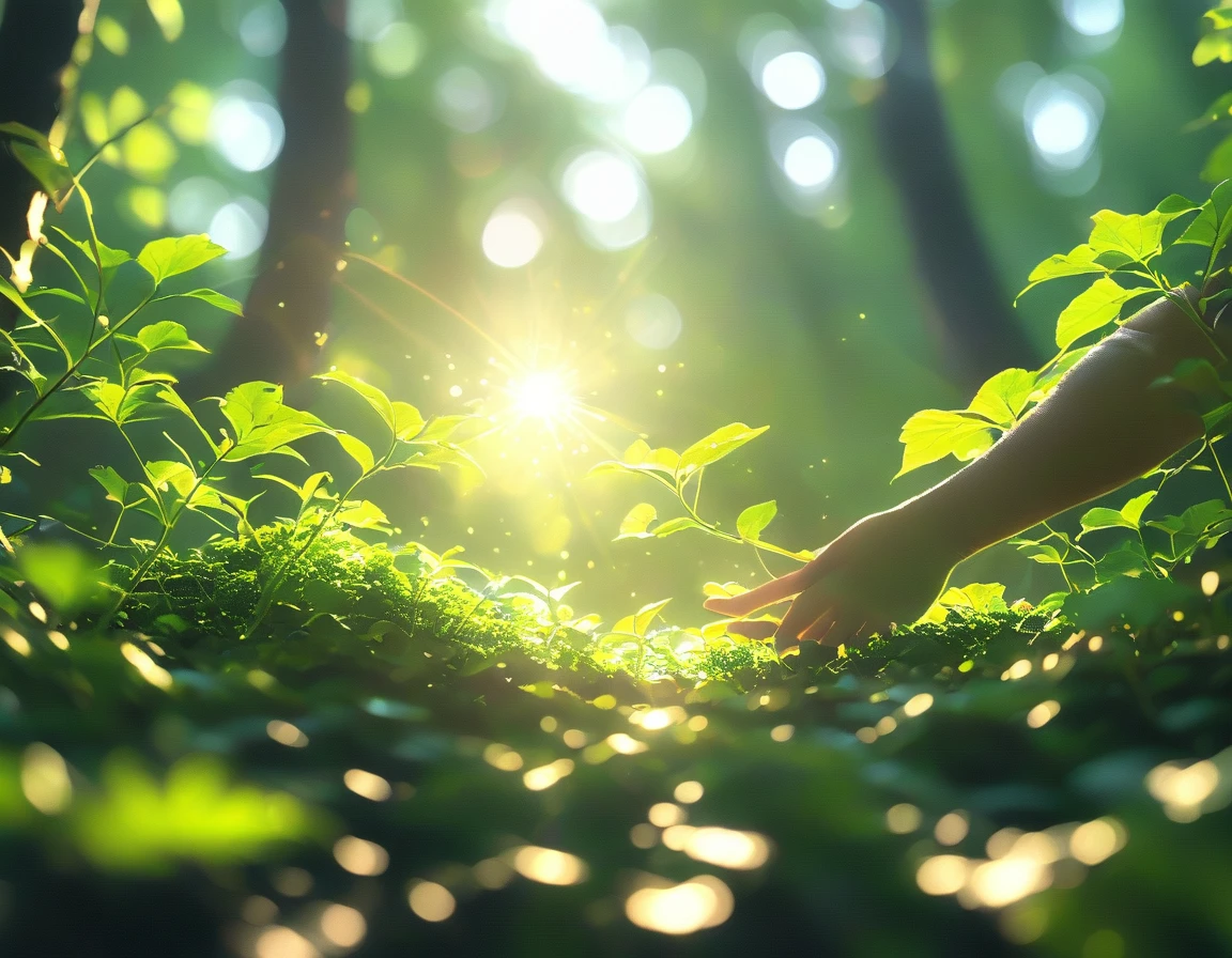 Create a 4K image of two hands clasping each other, made entirely of green leaves and twigs. The background is a dense, serene forest. Use a mid-shot angle to capture the hands and part of the forest. The lighting should be soft and natural, filtering through the tree canopy above, creating a peaceful atmosphere. The image should be highly detailed, in sharp focus, and of very high quality with no blur