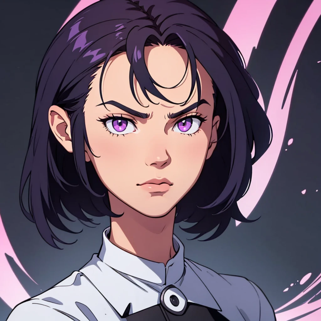 Short black hair, highres, high resolution, masterpiece, wide purple eyes, stoic, confident, best quality, highres, 1 man, serious expression, sharp features, straight hair, short hair, slicked back hair, spikey hair, pushed back hair, shorter hair, spikey hair ends, black hair, short hair, 2 strands in front of face, 2 strands in front, 2 long strands in face, 2 longest strands in face, neatly trimmed hair sides, clean hair sides, short hair sides, well groomed hair, clean hair, neat hair, teenager, vibrant background, full body, colorful parts, symbols, dark, bold, realistic mixing dark lines and loose lines, bold lines, on paper, human man, full body, intimidating pose, stylish outfit, dark theme, beautiful, striking, modest, standing, male, sharp chin, high cheekbones, intense gaze, white background, highres, high resolution, masterpiece.