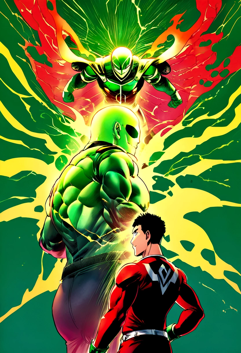 Create a movie poster inspired by Tomohiro Suzuki's "One-Punch Man" style, featuring smile man in his hero uniform gazing into the horizon with green background back turned to the camera