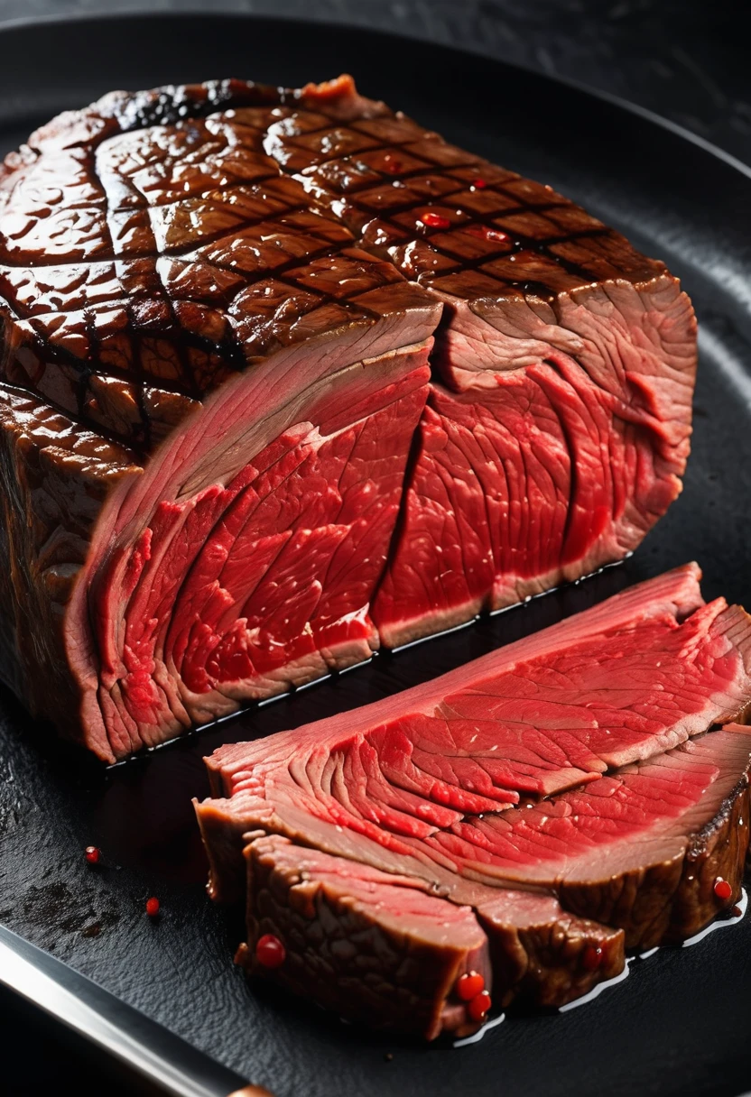 A large cut of beef,Braised,The outer surface is dark black,Cut surface is red,Have an appetite,Textured,High realism