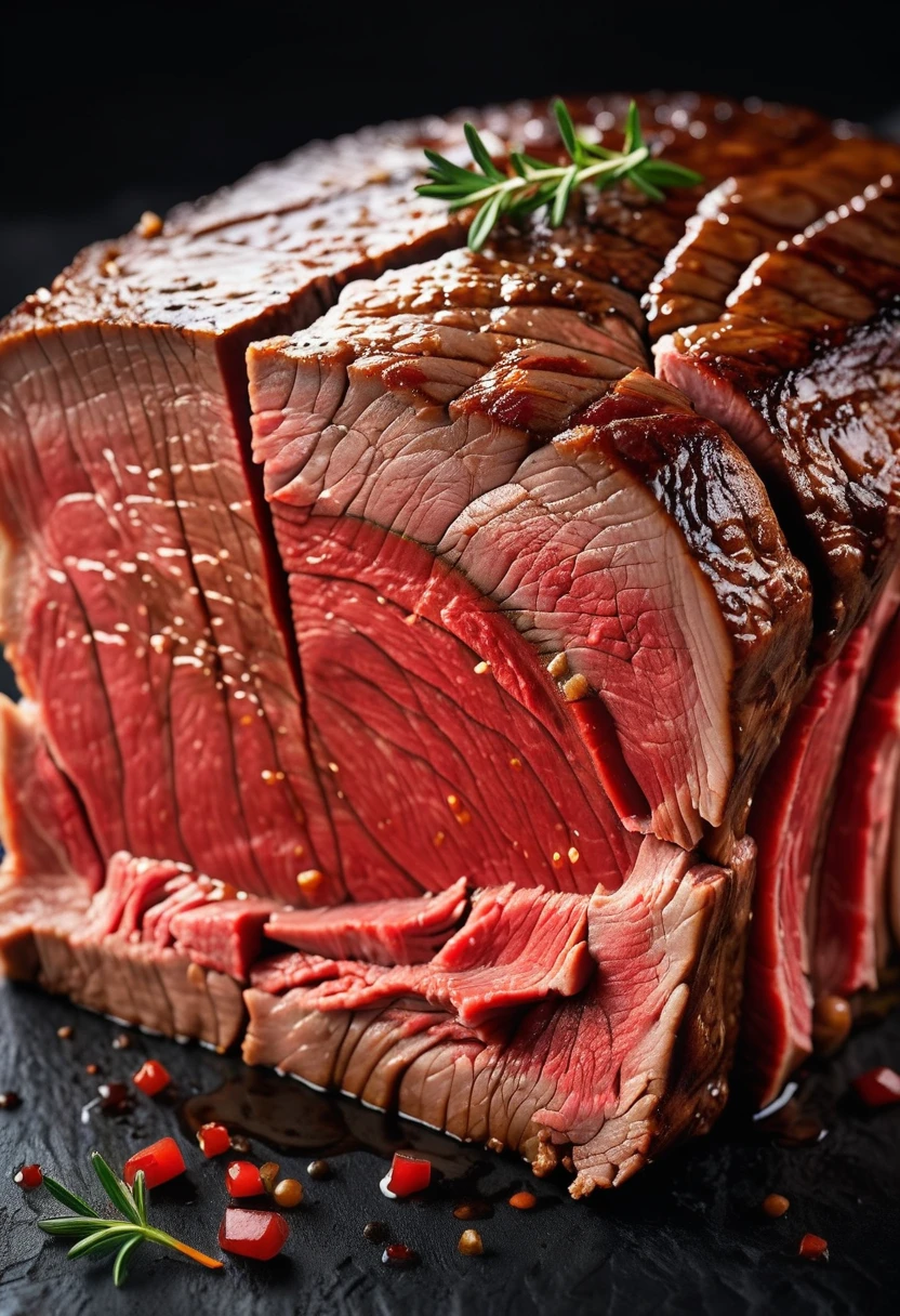A large cut of beef,Braised,The outer surface is dark black,Cut surface is red,Have an appetite,Textured,High realism