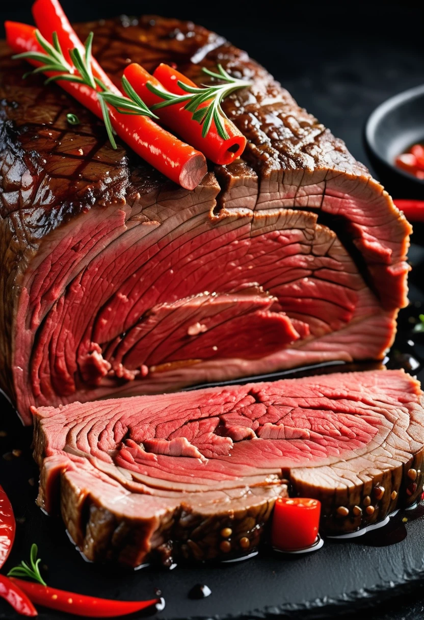 A large cut of beef,Braised,The outer surface is dark black,Cut surface is red,Have an appetite,Textured,High realism
