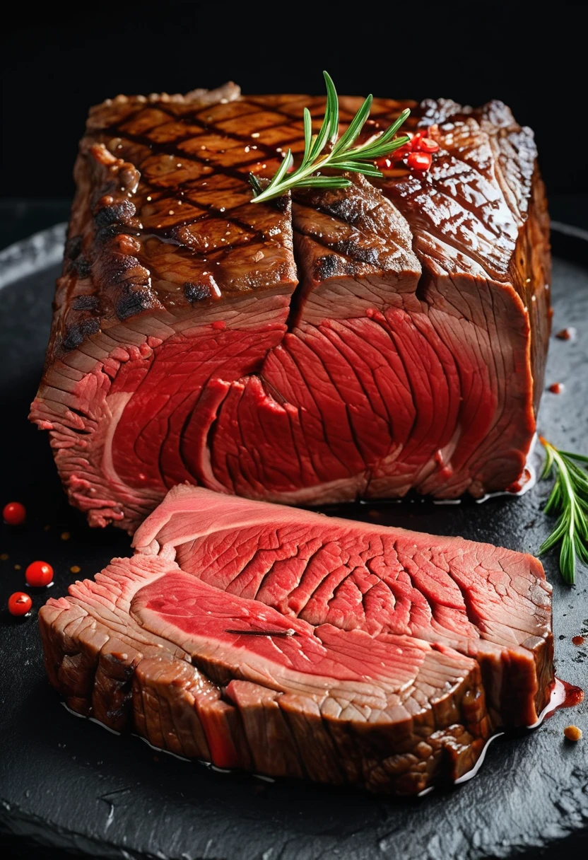 A large cut of beef，Braised，The outer surface is dark black，Cut surface is red，Have an appetite，Textured，High realism