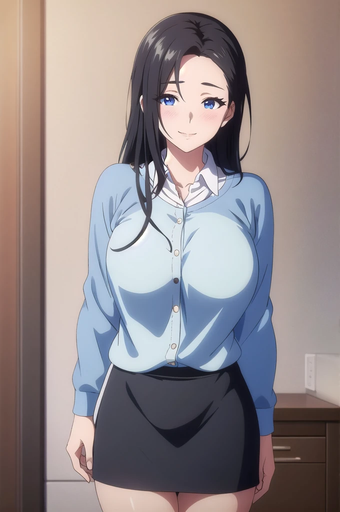 masterpiece, (best quality), 1woman,1girl ,haruhiko_ichijou_mother, black hair, long hair, (blue eyes),casual clothes, (skirt),big breasts ,, ,sexy woman,smile, hair between eyes, long sleeves,closed clothes, embarrassed,blush, , vibrant colors ,natural lighting ,RTX, , beautiful, (detailed face:1.2), showcase, (perfect eyes:1.1) ,(photorealistic:1.1), 8k uhd, looking at viewer, indoors, simple backround,