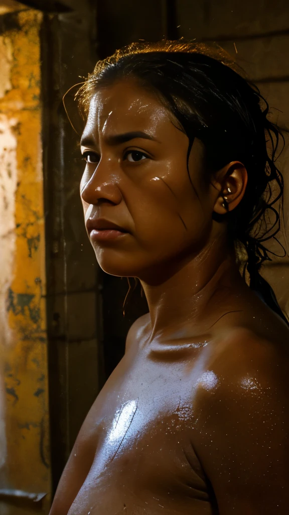 ((Photorealistic)), RAW Candid Cinema, 16mm, color grading portra 400 film, Outstanding colors, Ultra-realistic, Filmed with a cinematic camera, Detailed skin texture, Subsurface Scattering、 (((Poor tribal mother)))、 Best Quality, Very dark underground slums, (Prison Cell), (((Wet excess hair))) 、 (Detailed eyes)、(((No makeup)) (Real Face))、((No makeup))、((((cry))))、((((Get angry))))、((The bombed room)) Uniform skin color、 Black Background ((((直立したwhole bodyの姿を見上げて撮影)))) Beauty beautiful (((Full nudity)))) ((Detailed genitals)) ((((Big Breasts)))) (((Saggy big breasts))) ((Age 35)) ((whole body)) ((Bushy pubic hair)) Fair skin