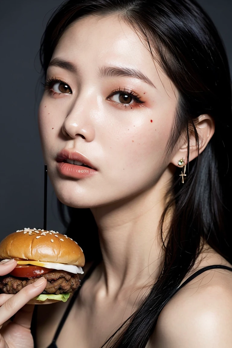 **A stunningly beautiful Japanese woman, with flawless porcelain skin and piercing eyes, now undead, devours a juicy hamburger with a chilling yet strangely alluring hunger. Her features, though strikingly beautiful, bear the unmistakable marks of undeath - pale, almost translucent skin, eyes with a faint, eerie glow, and a mouth smeared with a mixture of blood and burger sauce. Despite the macabre scene, there's a captivating beauty in her enjoyment of the simple pleasure of a delicious hamburger. (Focus on the contrast between her beauty and her undead state, detailed face, cinematic lighting, dark and eerie atmosphere)** - Image #4 