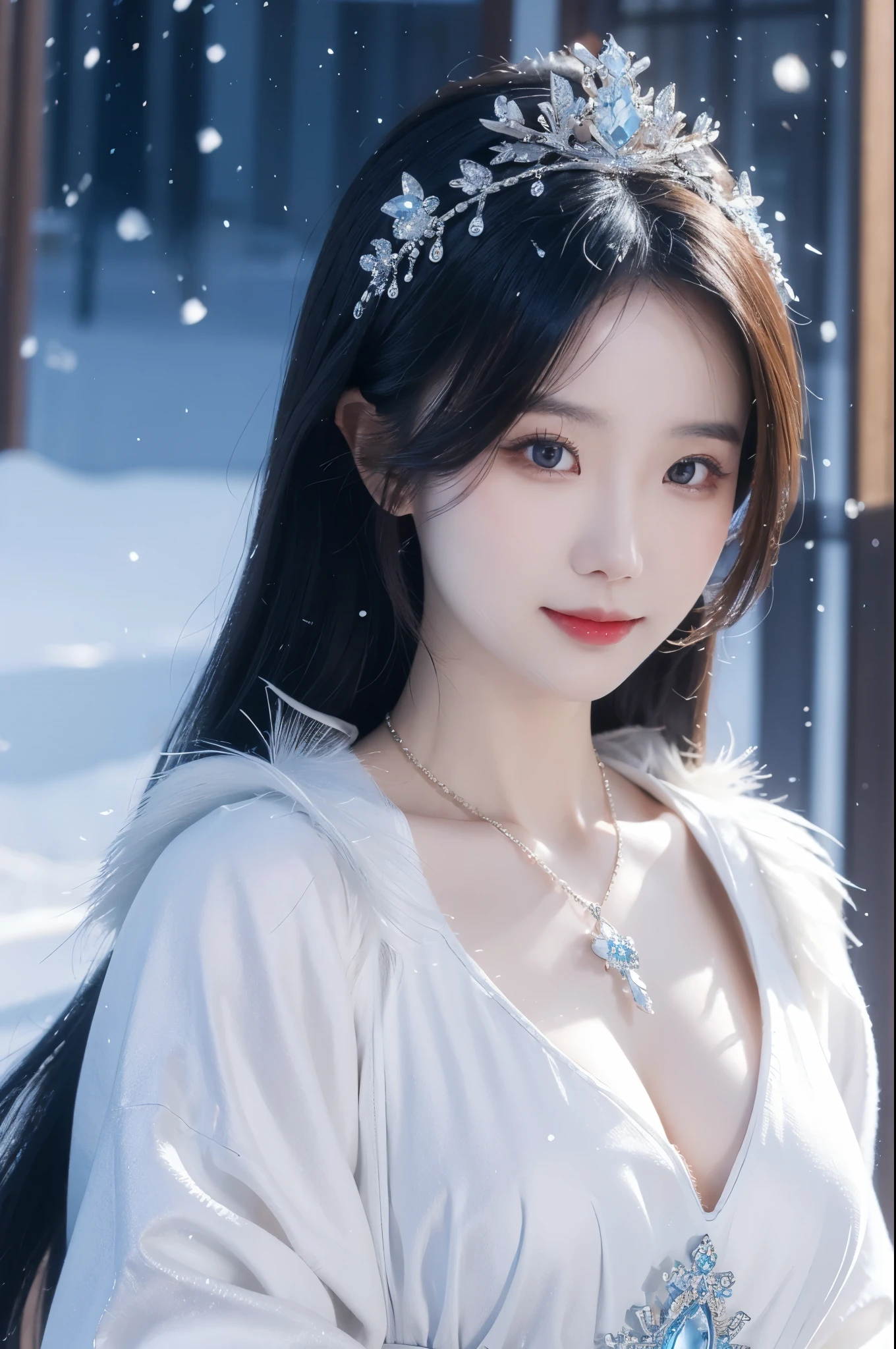 /I A 29 year old Chinese girl wearing a necklace, inspired by Sim Sa jeong, Azure. Fine hair, winter princess, ice princess, plump, antique style artwork, 8K), fantasy aesthetics Guvez, Ice and Snow Queen, 8K high-quality/detailed art, sweet smile, full body shot, snow scene, action shot, super realistic --ar 9:16 --v 6.0