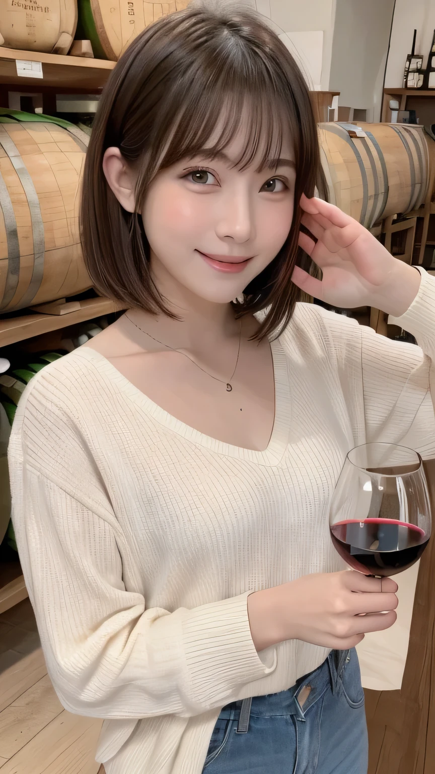 closeup shot , Best picture quality (8K, high resolution, Masterpiece: 1.2), super detailed, 215 Short Hair, 16-year-old woman,
situation: Wine tasting scene at a winery。
clothing: Casual and elegant clothing(Shirt and pants、loafers)。Keep your hair natural。
angle: Winery landscape in the background、Front view of wine tasting。The scene where wine is poured、Close-up of the face enjoying the scent。Captures details of wine bottles and wine glasses。
Close-up of face
, random cute pose ,big eyes ,Puffy eyes , Heart Pupil, blush , huge shy smile , salute