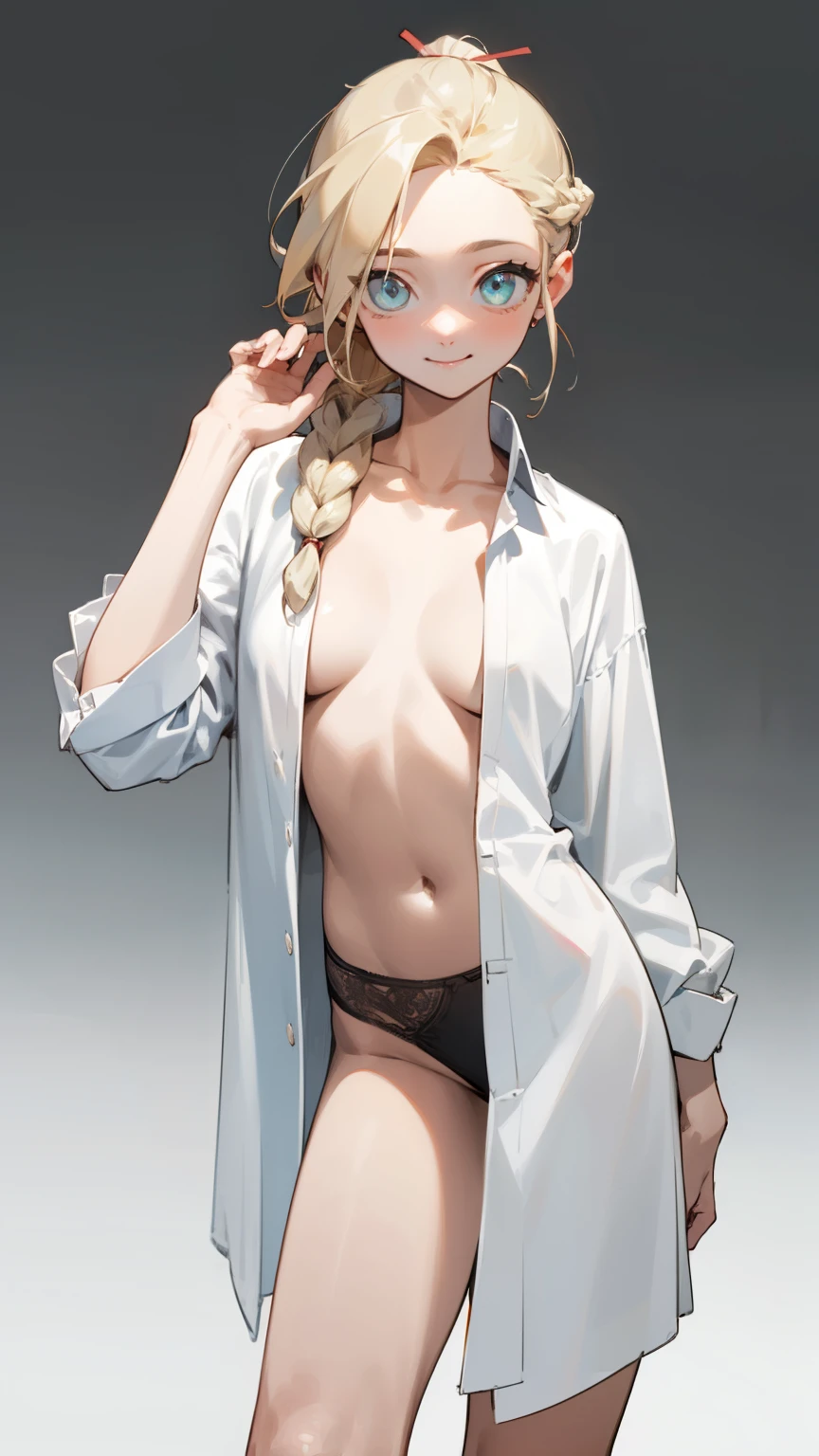 (masterpiece), ((best quality)), (super detailed), (beautiful eyes beautiful details eyes, Clean and delicate face), (knee shot, standing), solo, Single Braided blonde pony tail, parted bangs, forehead, cool smile, white dress shirt over naked, black lace underwear, open shirt, navel, clavicle, simple background