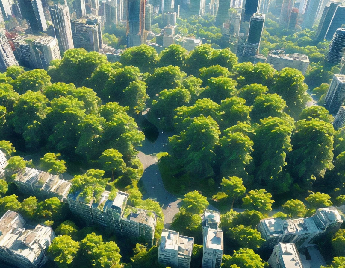 Generate a 4K image of modern skyscrapers constructed from enormous tree trunks, with leafy canopies as roofs. The buildings should blend seamlessly with the surrounding forest. Use a wide-angle shot to capture the cityscape from a slightly elevated perspective. The lighting should mimic a bright sunny day, casting clear shadows and highlighting the green leaves. Ensure the image is highly detailed, in sharp focus, and of very high quality with no blur.
