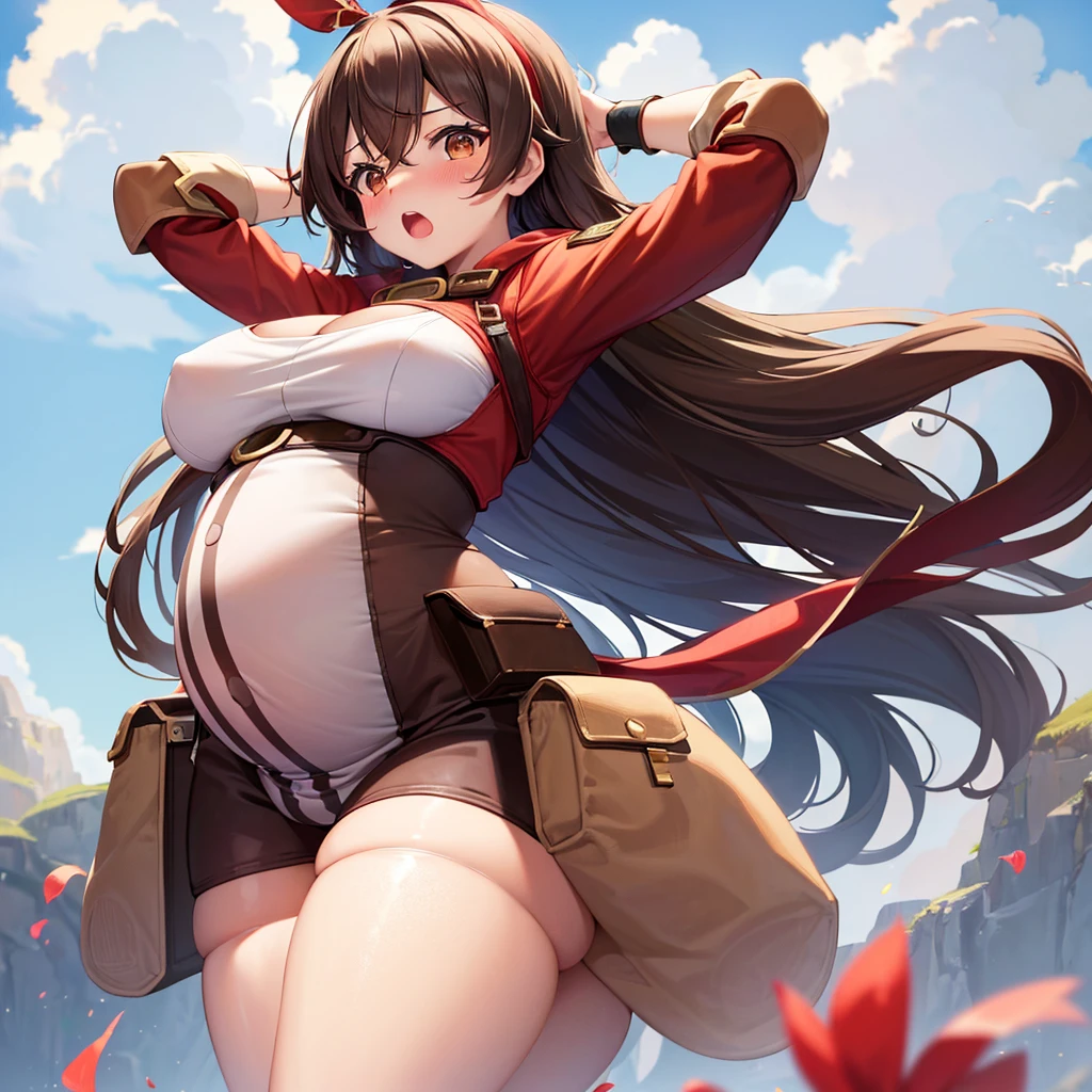 Amber 5 Star, red blush, plein air, tag, simple background, (pregnant:1.3) large belly, (big belly:1.4), (round belly:1.4), shocked, open mouth, her belly swelling, (hands behind head:1.4), (solo:1.5), swollen belly, midriff, navel