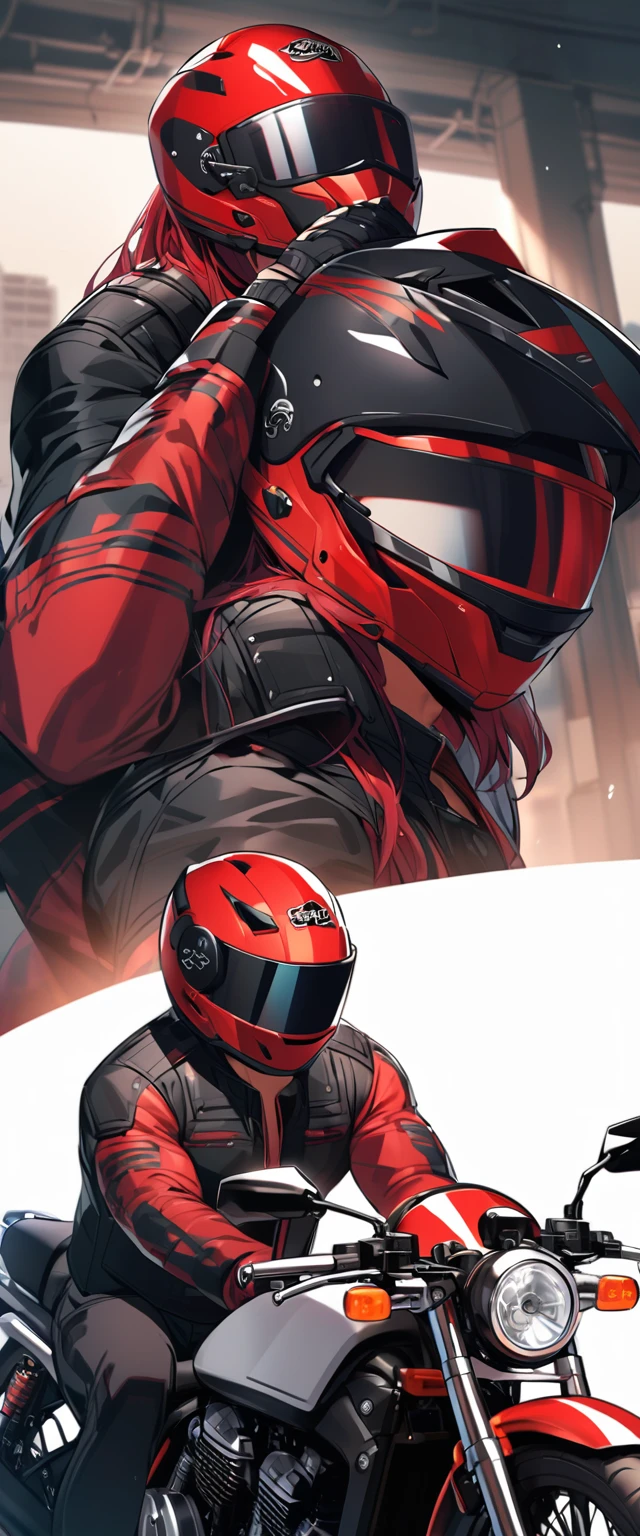 A muscular biker with long red hair and wears a motorcycle helmet that covers his head and face.