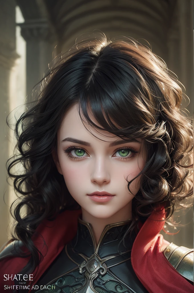 (Award-Winning Digital Art: 1.3) by (Sketch: 1.3), (Energetic: 1.3), Saturated: 1.3), (Close Portrait: 1.3), Female: 1.4), ( pretty: 1.4), (attractive: 1.3), pretty, calendar pose, perfectly detailed (green) eyes, (light) skin, (curly, black) hair, medieval outfit (black and red)