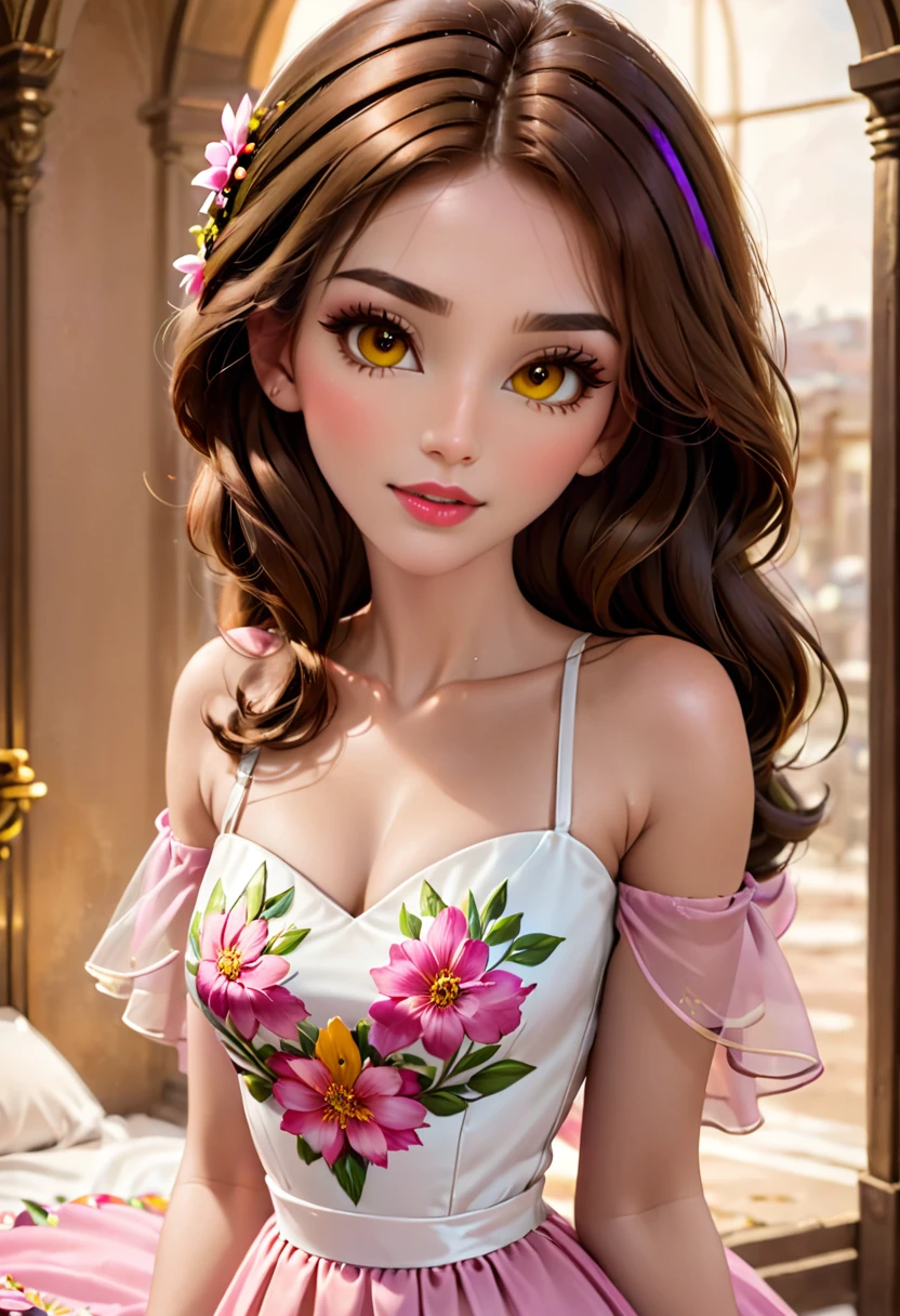 image of a demure loving woman, detailed medium brown hair, bright yellow detailed eyes with long eyelashes, short white dress printed with pink flowers, detailed brown high-heeled sandals. full body image. shoe foot