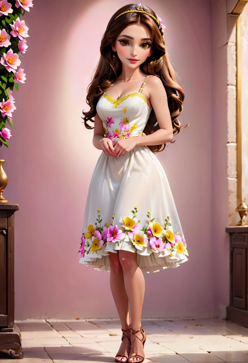 image of a demure loving woman, detailed medium brown hair, bright yellow detailed eyes with long eyelashes, short white dress printed with pink flowers, detailed brown high-heeled sandals. full body image. shoe foot