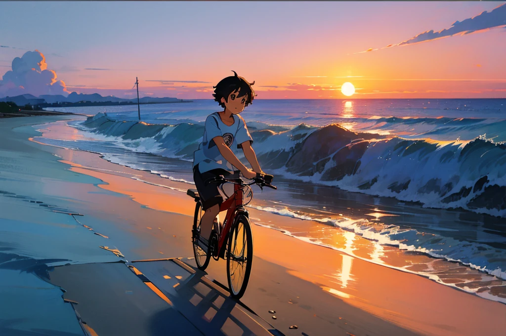 Studio Ghibli Style HMC, Studio Ghibli Style HMC, Beach sunset bike view,Blues, One boy,landscape,Beautiful sunset,