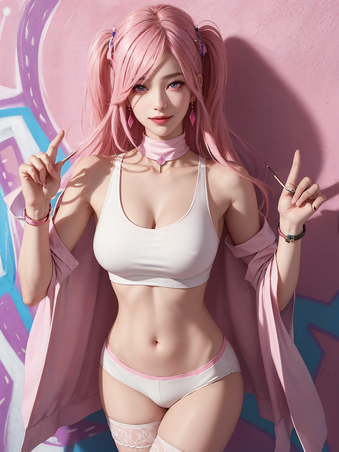(Masterpiece, best quality, 1 girl, alone, complicated details, Chromatic aberration), realistic, ((Moderate breath)),long hair, pink hair, Red headpiece, Pink Highlights, hair on one eye,purple eyes, earring, sharp eyes, choker, Neon coat, She wears a collar, bangle, and kimono style garters., crop top, (symmetrical eyes),(Perfect symmetrical body),against the wall, Brick wall, (colorful graffiti words on the wall:1.2), The light is dim., alley ,Look at the viewer.、Dig the chest、smile、(sleeveless、Navel touch、Fitted turtleneck.)、street string hot pants、Thin bottom、Please build above the eaves..、Thin shoulders、in underwear、