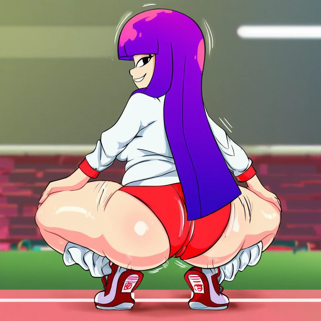 miko kubota from glitch techs, long hair, blunt bangs, purple hair,  ((loose socks, sneakers, female gym uniform, long sleeves shirt, latex shorts, red buruma, white shirt, cameltoe)), (looking at viewer, smile), track and field background, ((, curvy, voluptuous, thick legs, thick thighs, wide hips, medium breasts,)),,(1girl, solo, female focus),((twerking, shaking ass, squatting, back view, large ass, hands on knees, full body, movement lines))