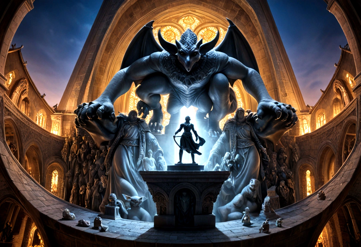a view of fantasy medieval city, taken from the top of church of , at night, the shot taken while ((standing behind the statue of a gargoyle on the roof: 1.5)), 16K, ultra detailed, masterpiece, best quality, (extremely detailed), arafed, dnd art, god rays, cinematic lighting, glowing light, silhouette, from outside, photorealism, panoramic view (Masterpiece, intense details: 1.5) , Wide-Angle, Ultra-Wide Angle, aetherpunkai