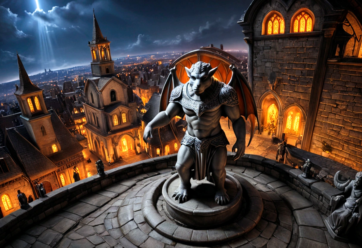 a view of fantasy medieval city, taken from the top of church of , at night, the shot taken while ((standing behind the statue of a gargoyle on the roof: 1.5)), 16K, ultra detailed, masterpiece, best quality, (extremely detailed), arafed, dnd art, god rays, cinematic lighting, glowing light, silhouette, from outside, photorealism, panoramic view (Masterpiece, intense details: 1.5) , Wide-Angle, Ultra-Wide Angle, aetherpunkai