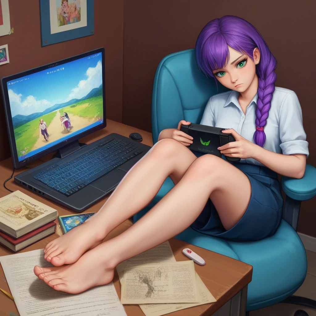 (Cute a girl:1.5), (masterpiece:1.3), anime visual,Women's navy blue business suit, blouse, blue-purple hair, braided, hair, green-eyed girl, (Lovey-dovey:1.5), (tilt head:1.3), extremely delicate face, soft clean focus, realistic lighting and shading, (an extremely delicate and beautiful art:1.3),He has a confused look on his face, a computer in his right hand and a girl's doll in his left hand, and a game console and books are lying at his feet,