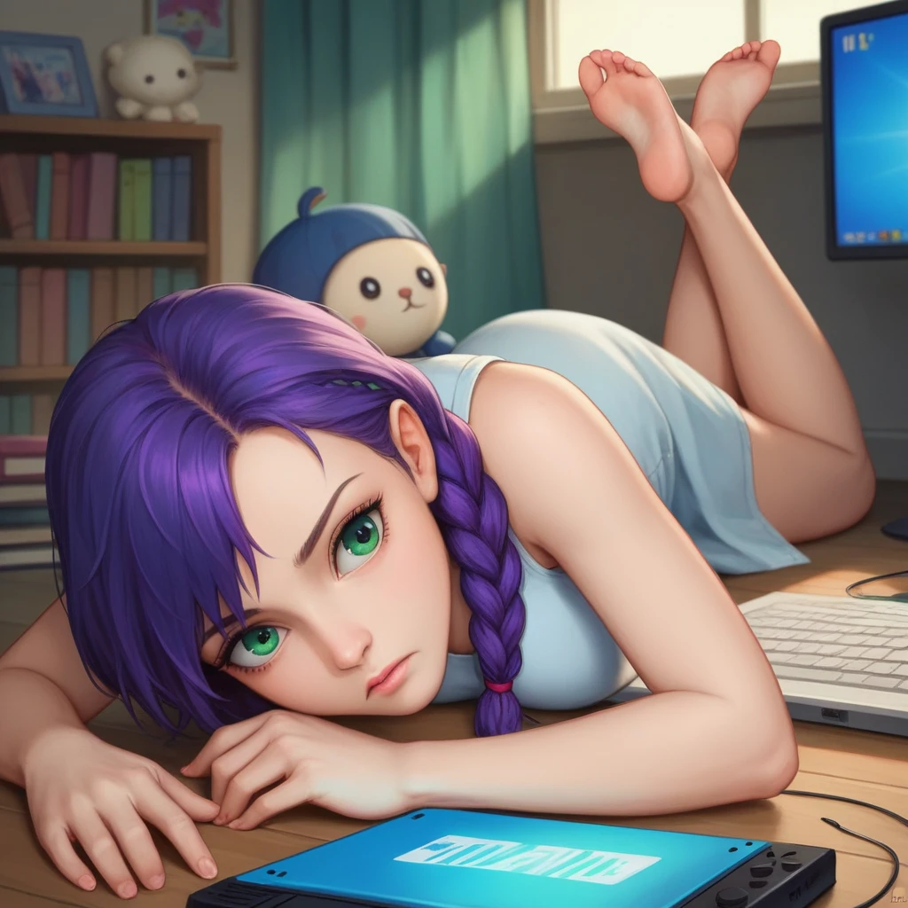 ((best quality)), ((masterpiece)), (detailed), goblin girl, (green skin), purple hair, shortstack, romantic lighting, asleep on the couch, lying on the couch, nude, covered under blanket, splayed out, dynamic pose, visible breasts, eyes closed, curled up, comfy, cute, sexy, tv is turned on, game controller on the floor, eyeglasses nearby, pov above, topless, fetal position, purple couch, sleeping on couch, very dark room, only light is the blue glow from a blank tv screen, high pov, under a blanket, on a couch, head on the cushion, snoring, curled up asleep, fell asleep on the sofa, blanket barely covering body, on her back, sleeping on back, facing upwards, legs hanging off couch, snoring, drooling