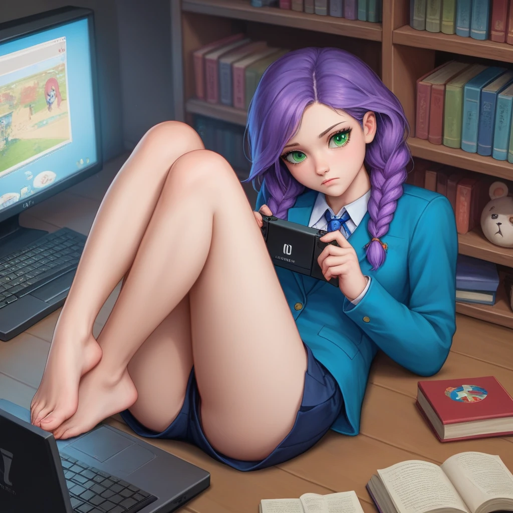 (Cute a girl:1.5), (masterpiece:1.3), anime visual,Women's navy blue business suit, blouse, blue-purple hair, braided, hair, green-eyed girl, (Lovey-dovey:1.5), (tilt head:1.3), extremely delicate face, soft clean focus, realistic lighting and shading, (an extremely delicate and beautiful art:1.3),He has a confused look on his face, a computer in his right hand and a girl's doll in his left hand, and a game console and books are lying at his feet,
