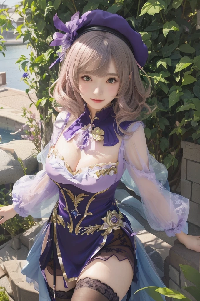 anime girl in a purple dress and hat posing for a picture, granblue fantasy, cute anime waifu in a nice dress, kawacy, beautiful alluring anime woman, beautiful anime girl, attractive anime girl, beautiful anime woman, lisa genshin impact, seductive anime girl