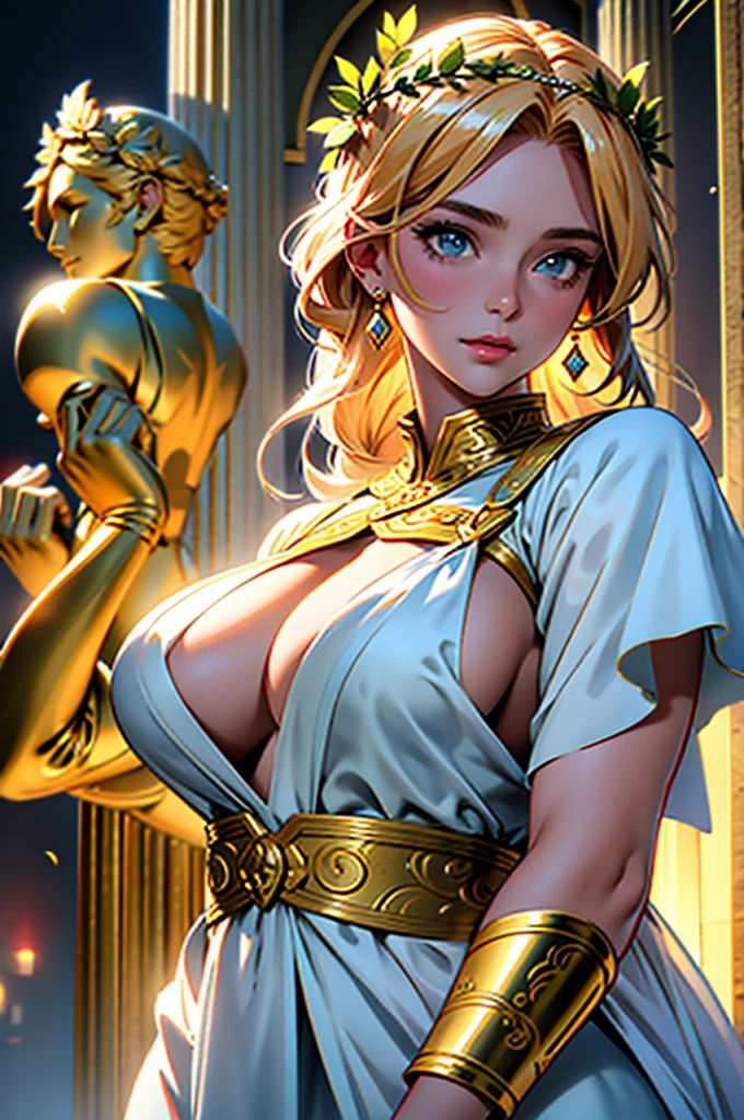 1girl, cleavage,Greek goddess,Vi delicate and beautiful face,golden hair,Various hairstyles,Garland crown,voluptuous breasts,Convex buttocks,greek clothes,Tulle covers the breasts,perfectly proportioned, Detailed clothing details,Temple,marble,god statue,cinematic lighting, filmgrain, Fujicolor, lightand shade contrast, 8K, Masterpiece, Textured skin, Super detail, high detailing, High quality, A high resolution, (photorealictic), (low angle camera shot), (soft lighting)
