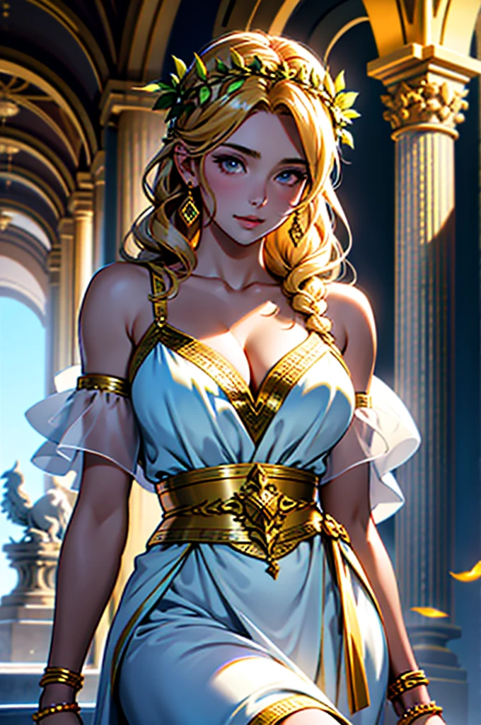 1girl, cleavage,Greek goddess,Vi delicate and beautiful face,golden hair,Various hairstyles,Garland crown,voluptuous breasts,Convex buttocks,greek clothes,Tulle covers the breasts,perfectly proportioned, Detailed clothing details,Temple,marble,god statue,cinematic lighting, filmgrain, Fujicolor, lightand shade contrast, 8K, Masterpiece, Textured skin, Super detail, high detailing, High quality, A high resolution, (photorealictic), (low angle camera shot), (soft lighting)