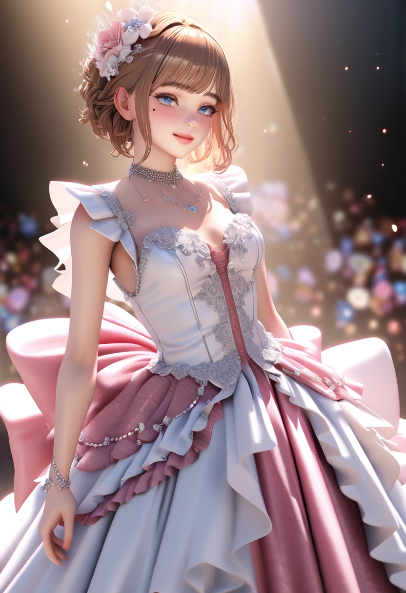 8k,Confused, High resolution, Very detailed, 1 girl, alone, Very beautiful eyes, Ultra-precise depiction, artistic、Very detailed depiction, (Tangled:1.2), , (White high key background:1.5), (((White and pink lace dress:1.5))), See through、Off the shoulder、、 short hair、Platinum Blonde Hair, (Glowing Skin), Many colors, , (Shooting from the air:1.2),、Flat Body、slim、cute、、Round face、Cast a Shadow、See through、