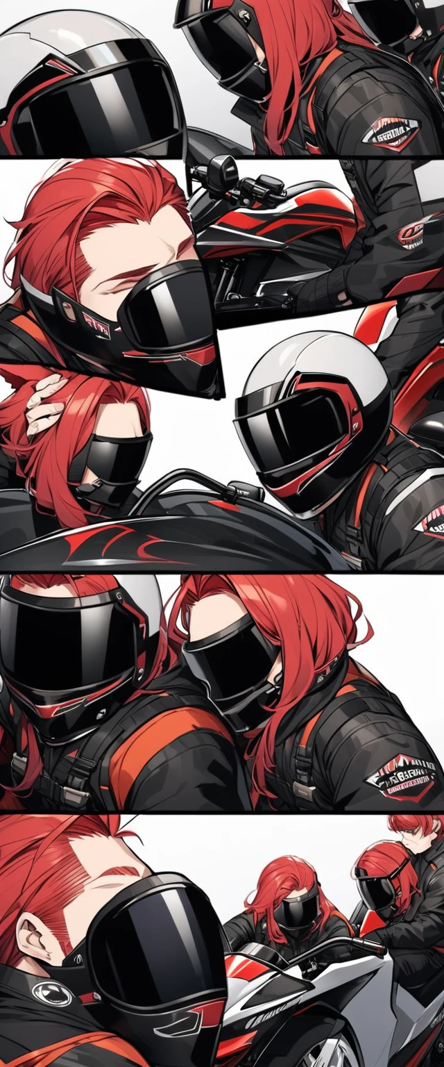 A muscular biker with long red hair and wears a motorcycle helmet. The motorcycle should be black. The helmet should cover his head and face, the helmet should have cat ears