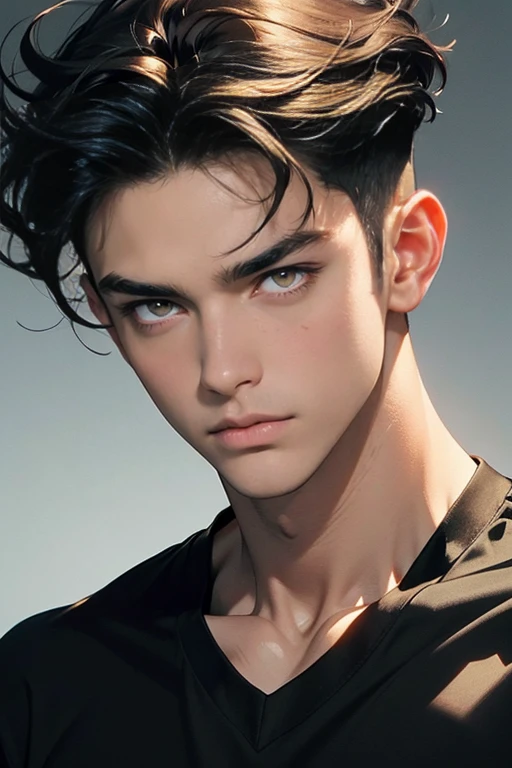 masterpiece, best quality, realistic 8K, one mature male, 25 years old, extremely detailed face, ((yellow eyes)), ((short black perm hair covering all forehead)), Extremely delicate and stern face ((cold look)), ((sharp eyes)), 21st century, (whole portrait), dark grey color background, red hair, albino boy, black hair, handsome, simple black v-neck t-shirt, bubbling hair, sexy, dark atmosphere, a faint smile, Decadent beauty, bright yellow eyes, masculine, wear only black v-neck t-shirt, model face, attractive