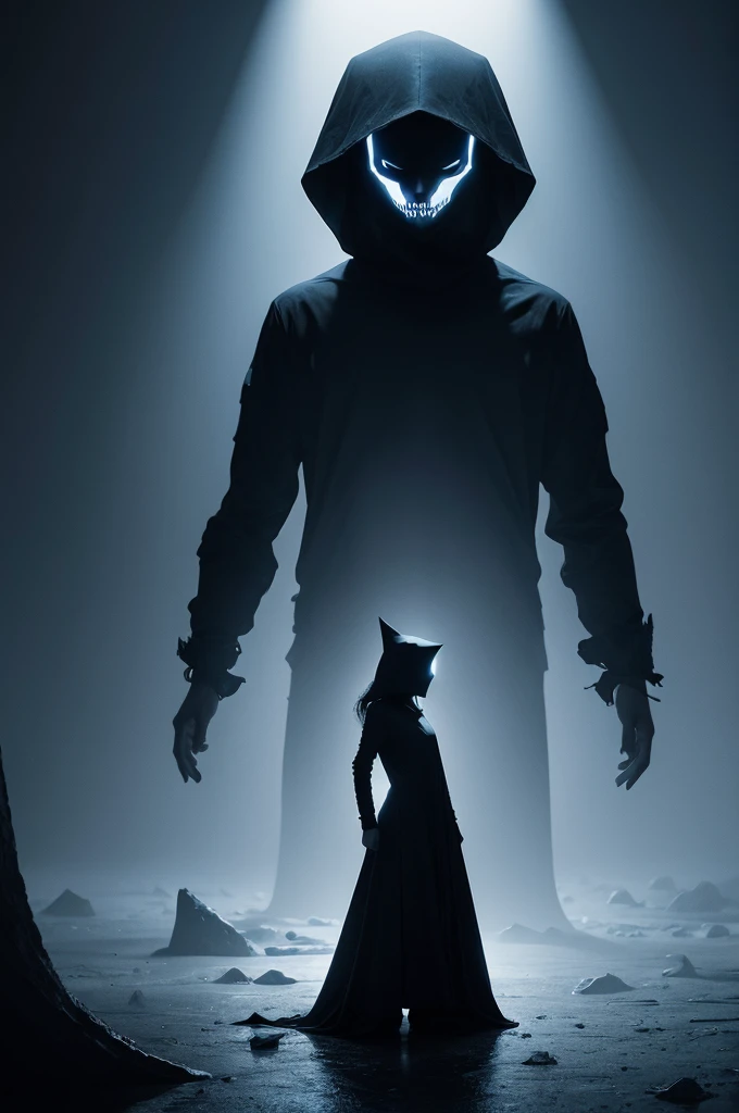 A person with clothes in shapes of sad abyss in the darkness of hell 
