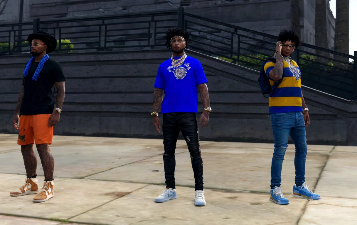 a highly detailed and realistic photograph of a cartoon character, photorealistic, 8k resolution, extremely detailed facial features, beautiful eyes, realistic skin texture, detailed clothing, intricate background, dramatic lighting, cinematic composition tanned skin african american males standing outside